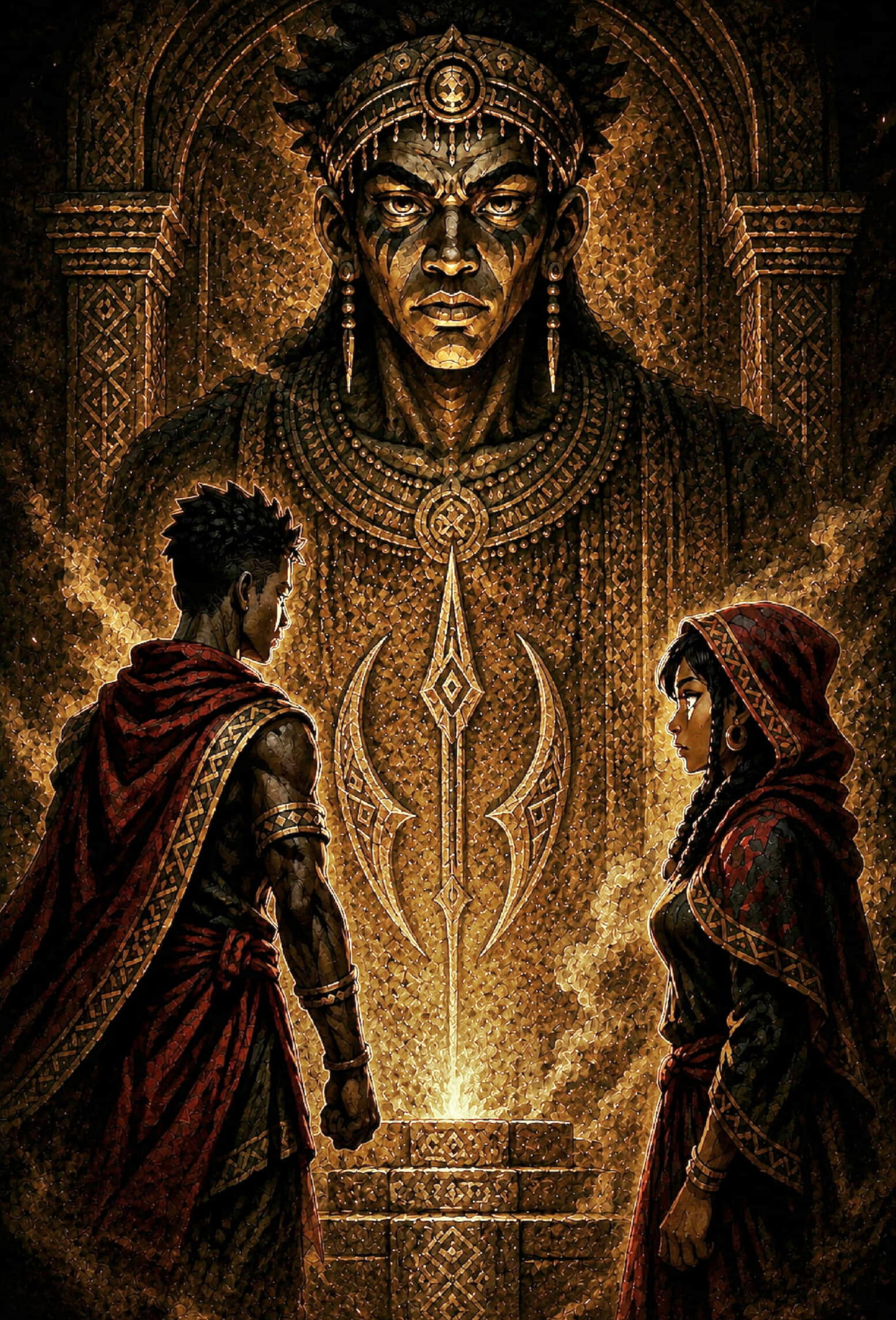 Two young initiates standing before a sacred ritual fire as an ancient Vodoun prophecy begins to unfold in VODOUN SAGA.