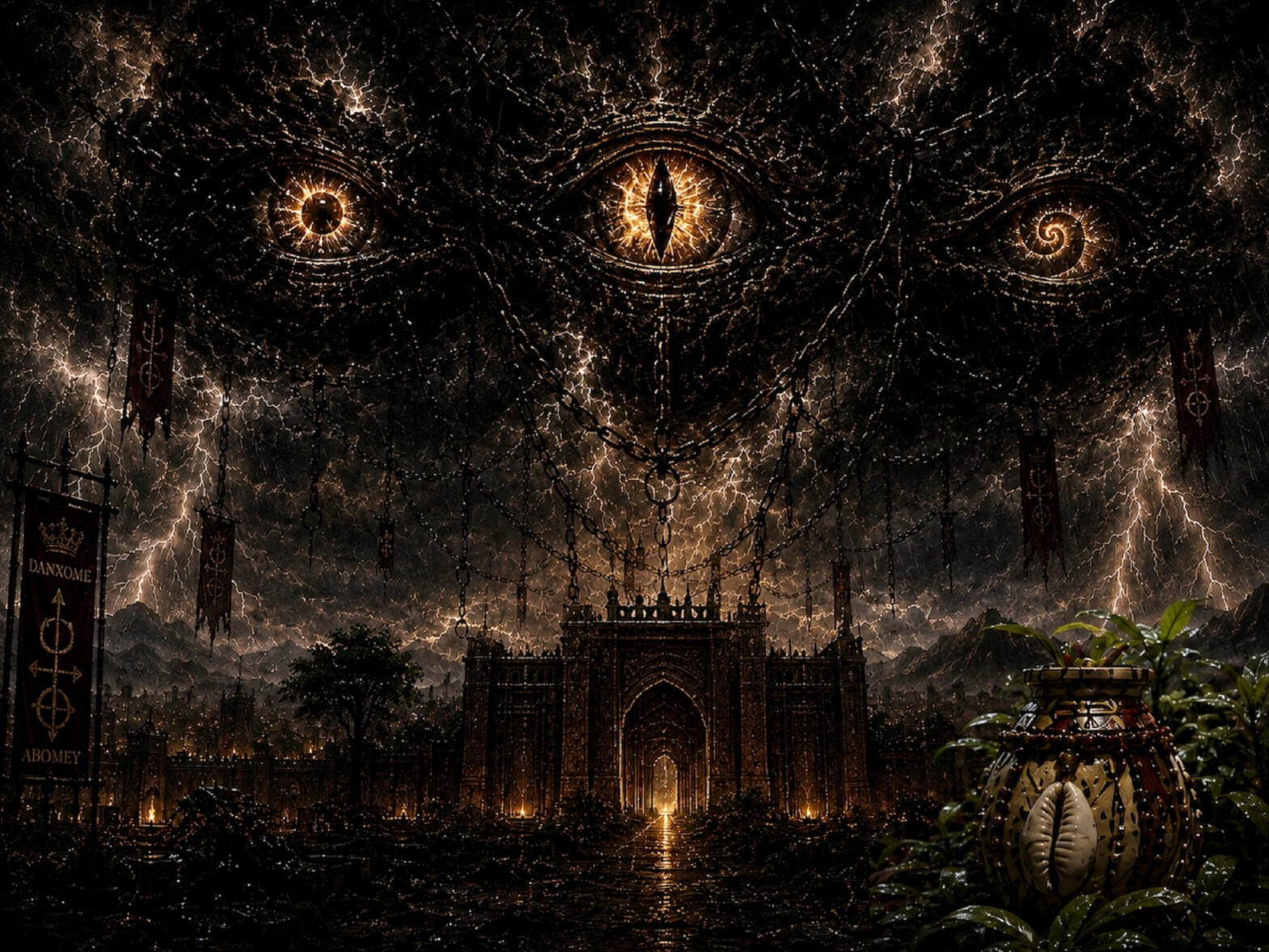 vodoun-saga-gods-are-returning.jpg Three ancient celestial eyes watch from a storm-filled sky above the Kingdom of Danxomè while sacred chains and a monumental Bocio struggle to contain their return.