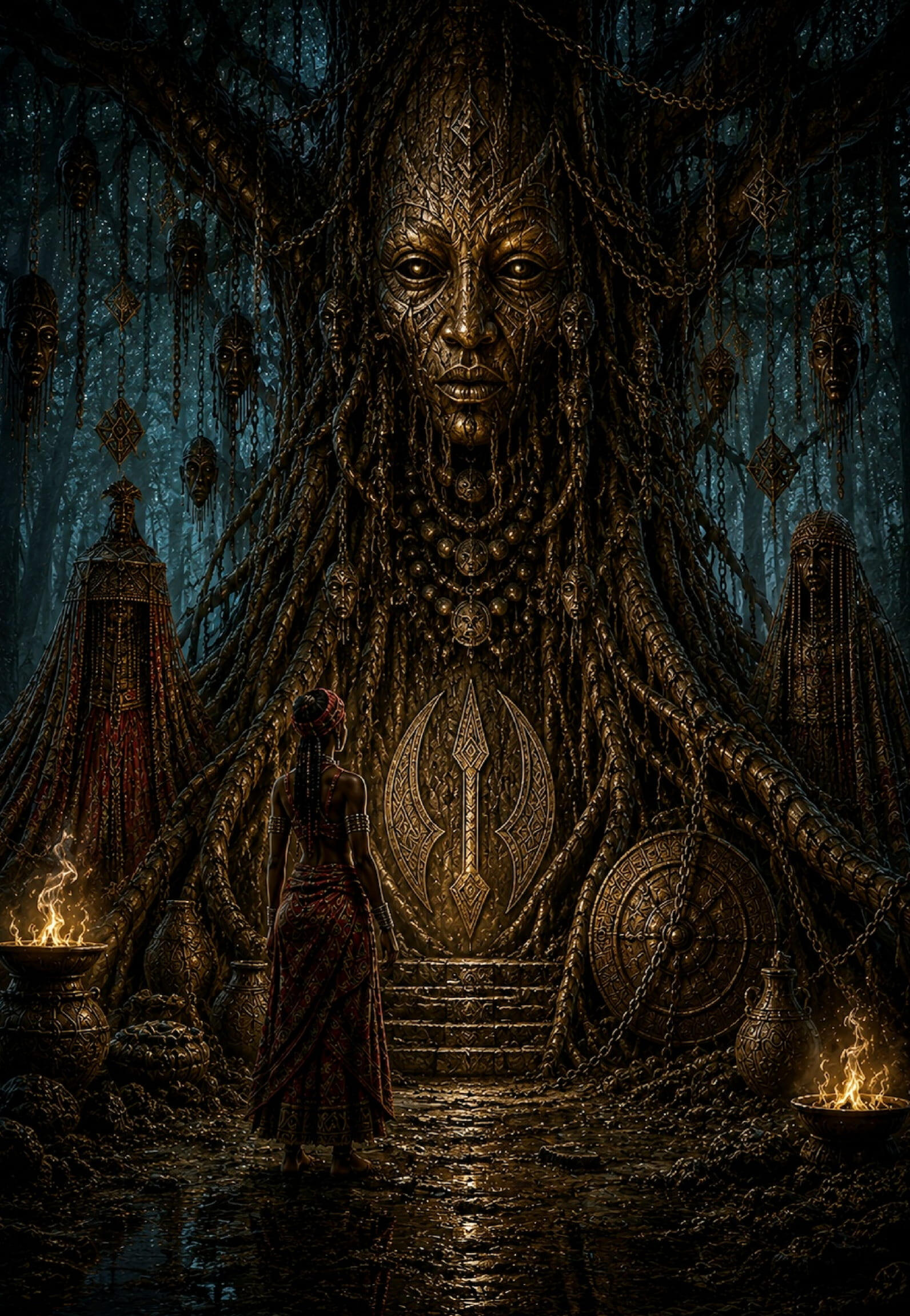 Sacred Vodoun sanctuary where an initiate stands before an ancestral spirit tree adorned with masks, relics, chains and glowing Weke symbols.