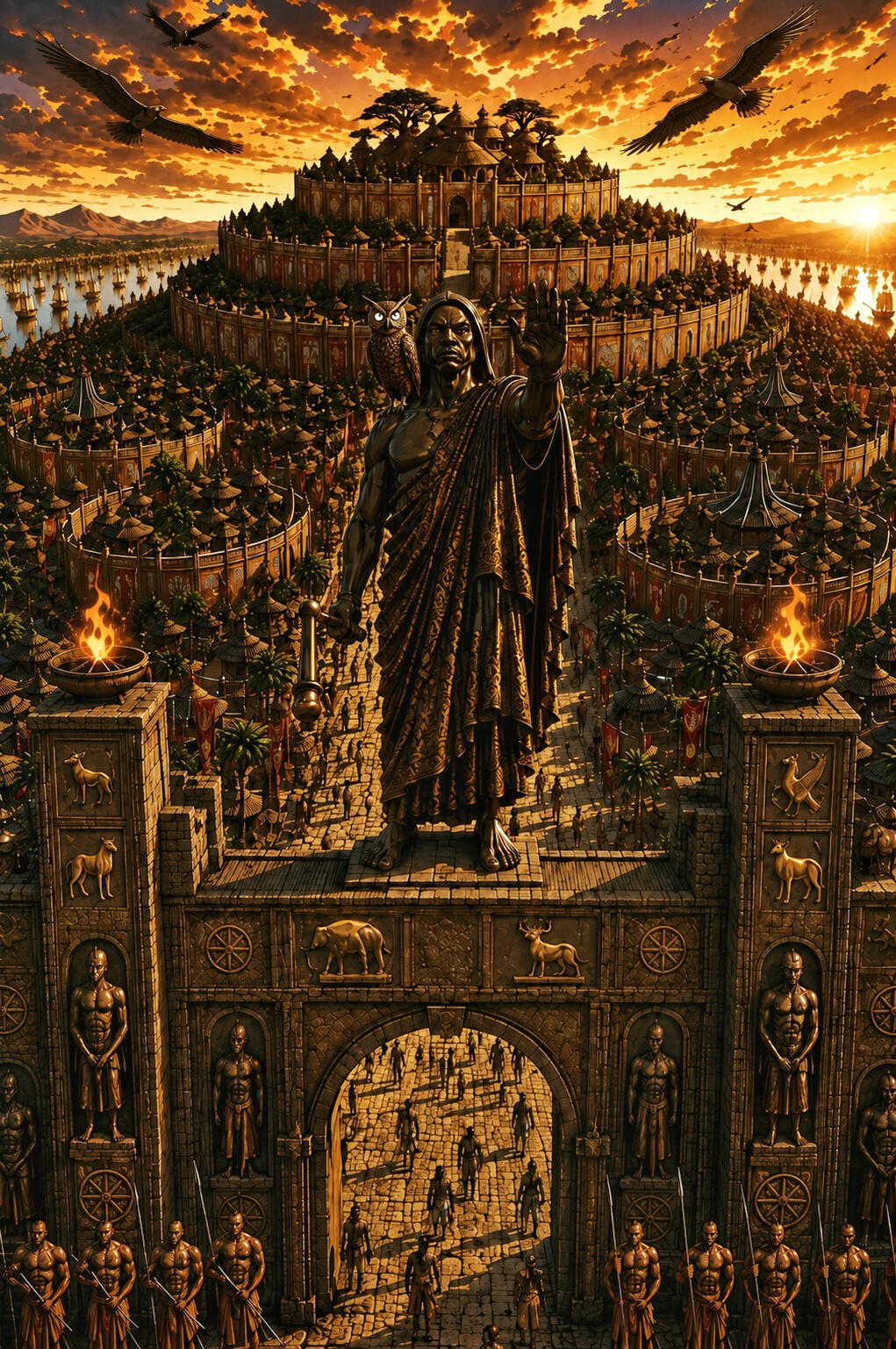 vodoun-saga-world-Panoramic-Vision Panoramic view of Agbomè, the capital of Vodoun Saga, inspired by the Kingdom of Danxomè, featuring the royal gate, monumental statue and palace at sunset.