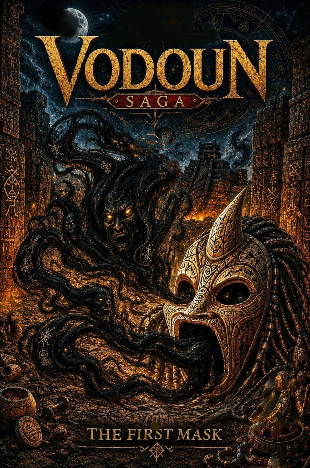 vodoun-saga-the-first-mask-cover.jpg Dark fantasy cover art for Vodoun Saga: The First Mask, featuring a cursed ancient African-inspired mask possessed by a shadowy vodoun spirit inside ruined Danxomè temples.