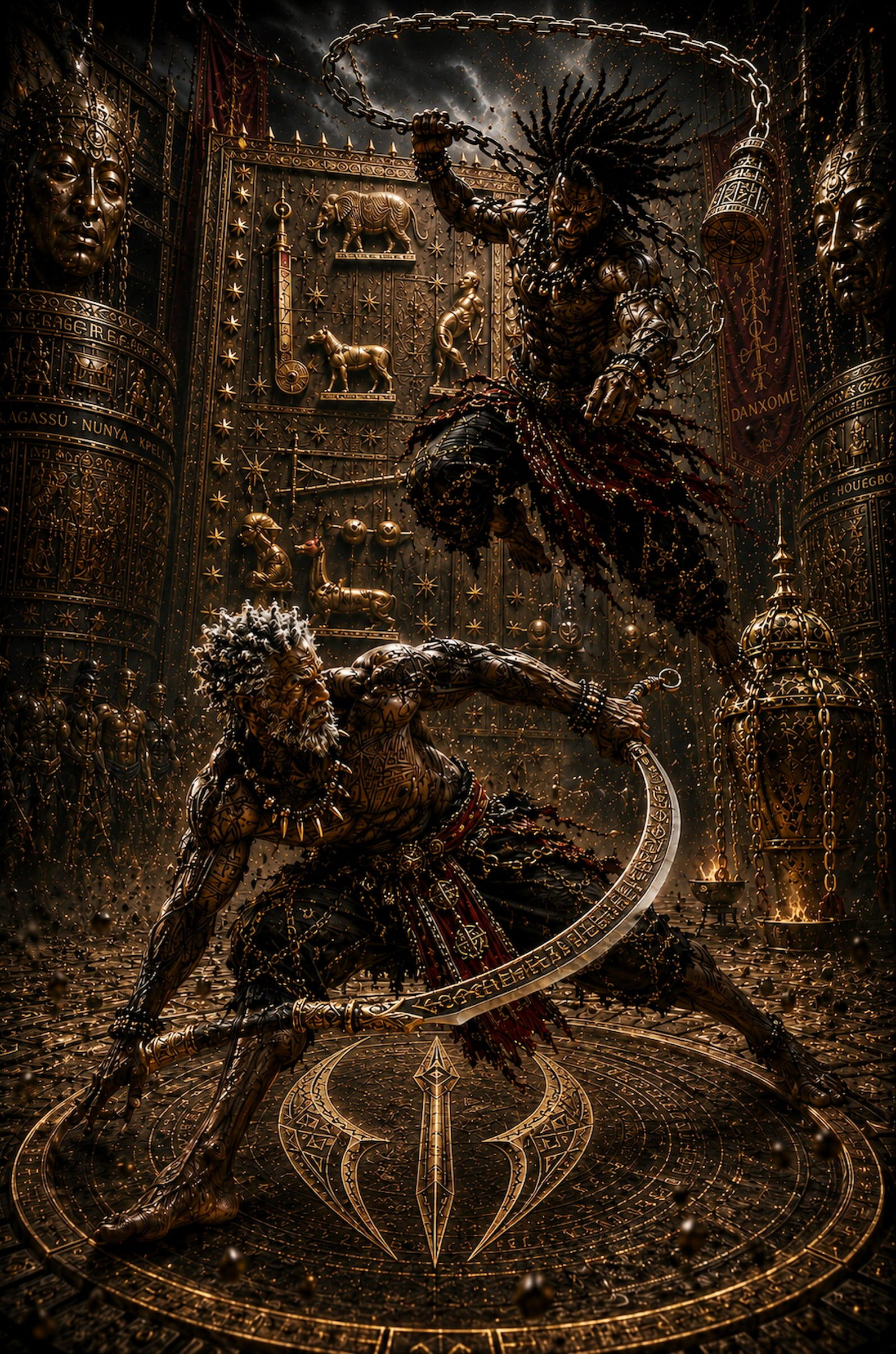 Two elite Danxomè warriors clash inside a sacred arena engraved with the Weke symbol, surrounded by royal bas-reliefs, ritual chains, masks and Vodoun relics.