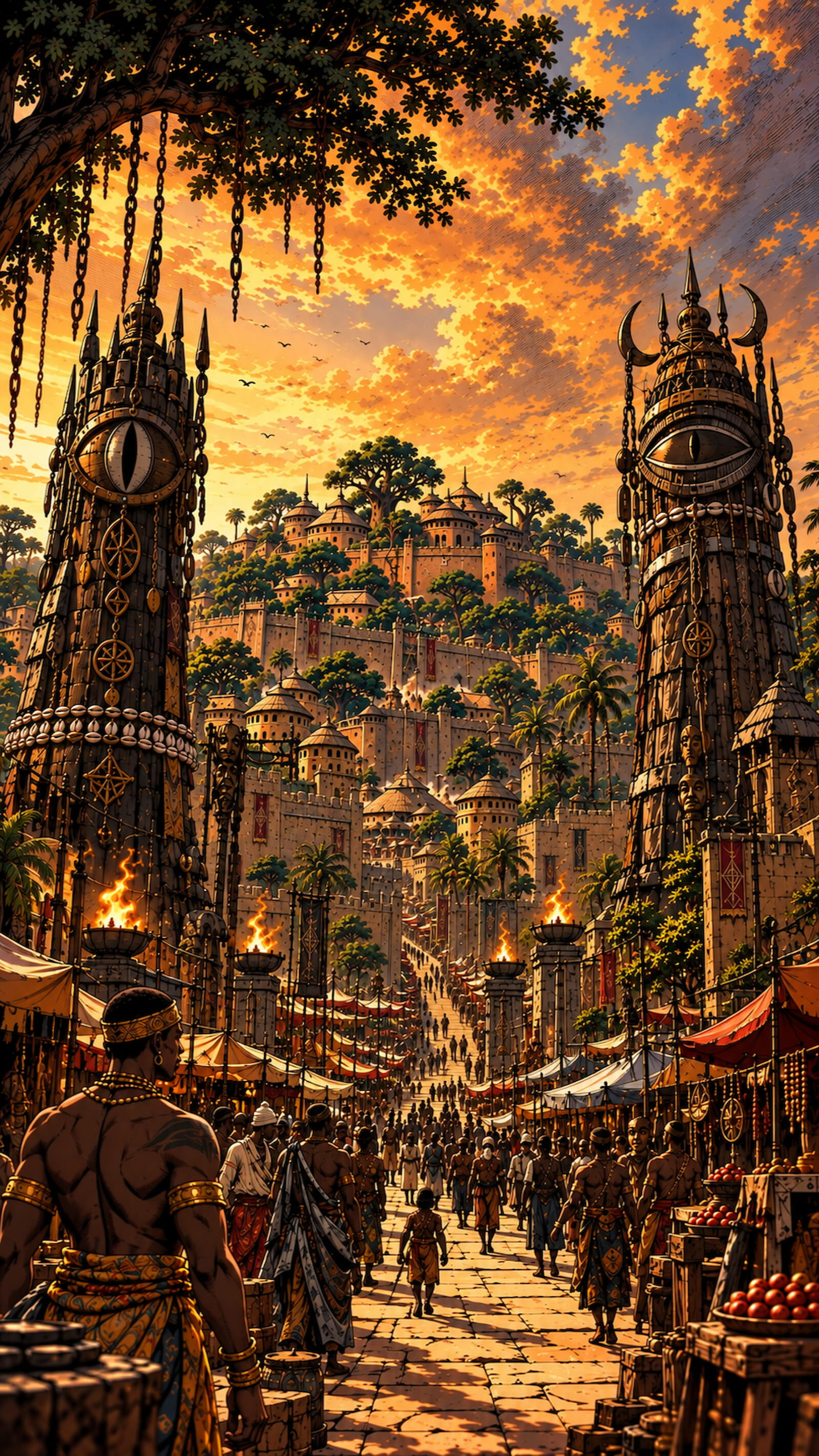 Panoramic view of Agbomè, the capital of Vodoun Saga, inspired by the Kingdom of Danxomè, featuring the royal gate, monumental statue and palace at sunset.