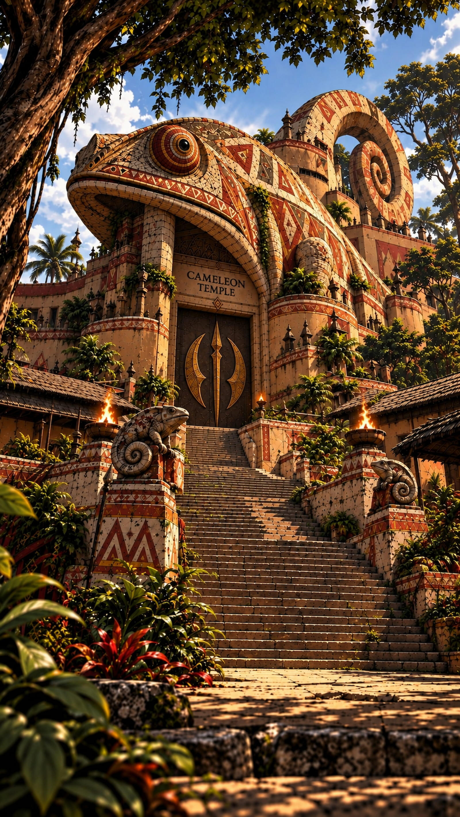 Panoramic view of Agbomè, the capital of Vodoun Saga, inspired by the Kingdom of Danxomè, featuring the royal gate, monumental statue and palace at sunset.