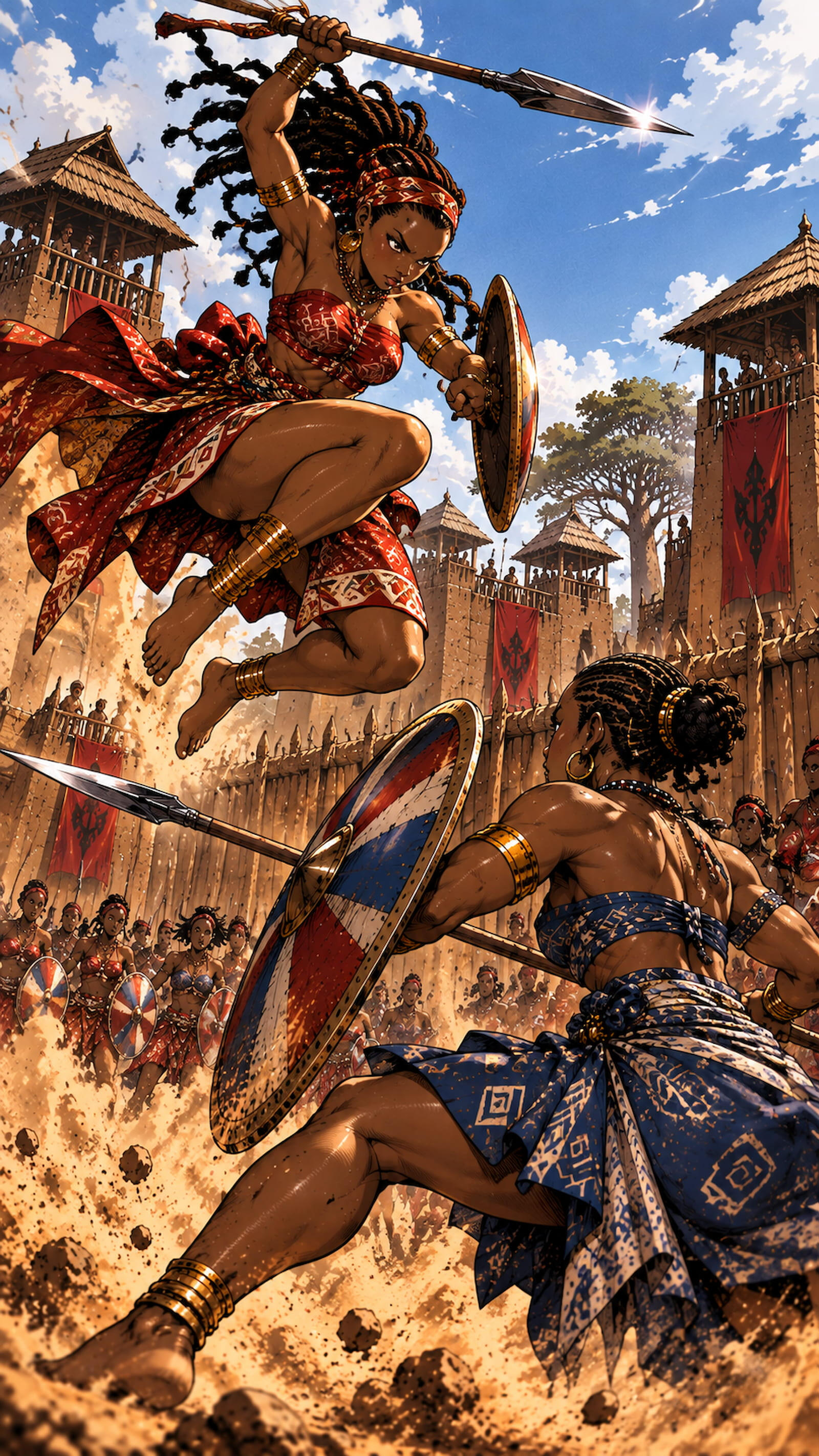 Panoramic view of Agbomè, the capital of Vodoun Saga, inspired by the Kingdom of Danxomè, featuring the royal gate, monumental statue and palace at sunset.