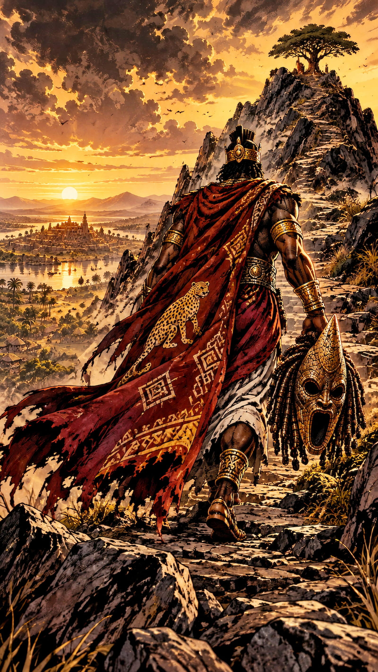 Vodoun_Saga_doom_day_1.jpg Panoramic view of Agbomè, the king is climbing the hill with the First Mask. inspired by the Kingdom of Danxomè, hills and palace at sunset.