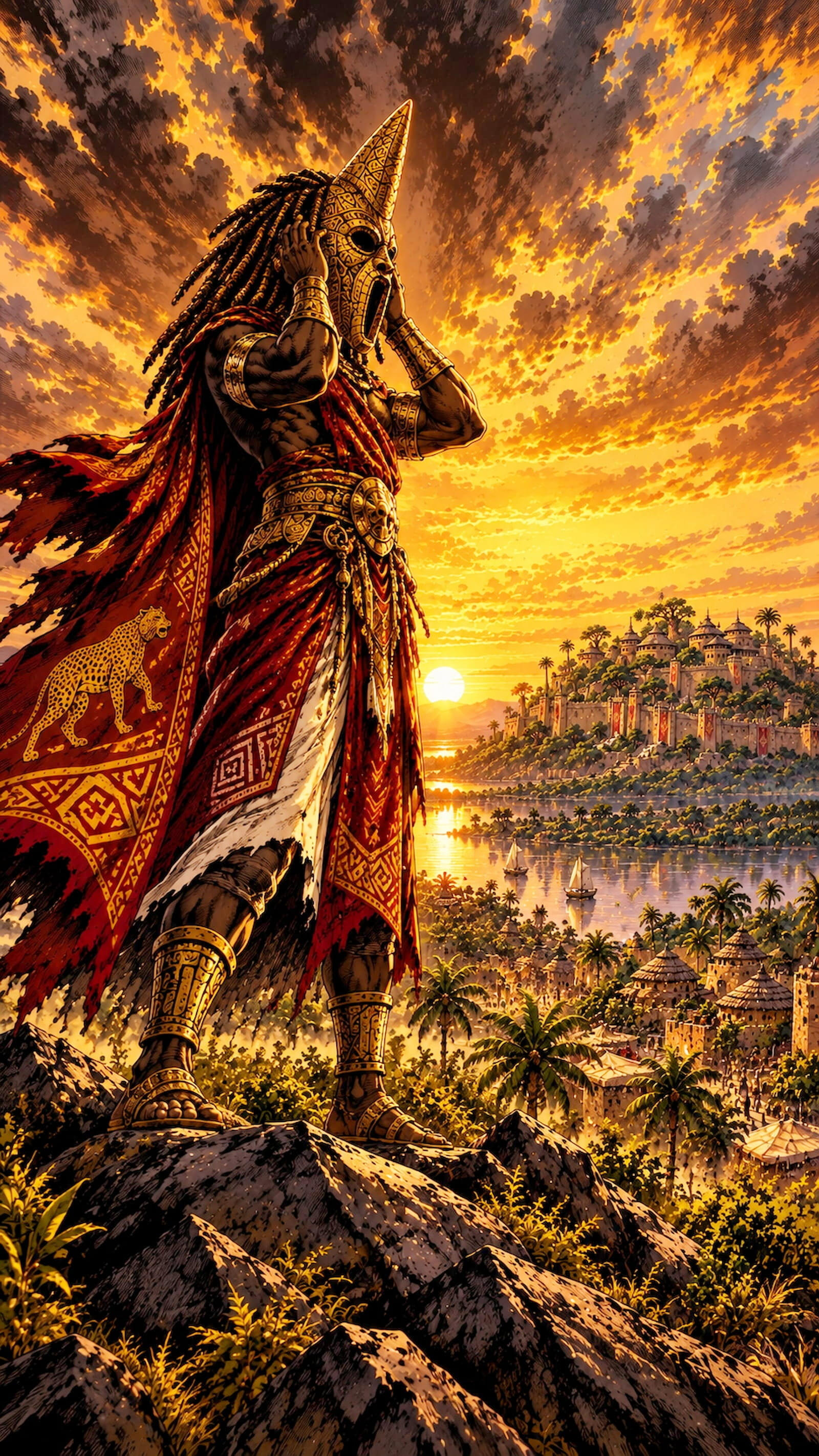Vodoun_Saga_doom_day_2.jpg Panoramic view of Agbomè, the king is wearing the First Mask on the hill. Inspired by the Kingdom of Danxomè, hills and palace at sunset.