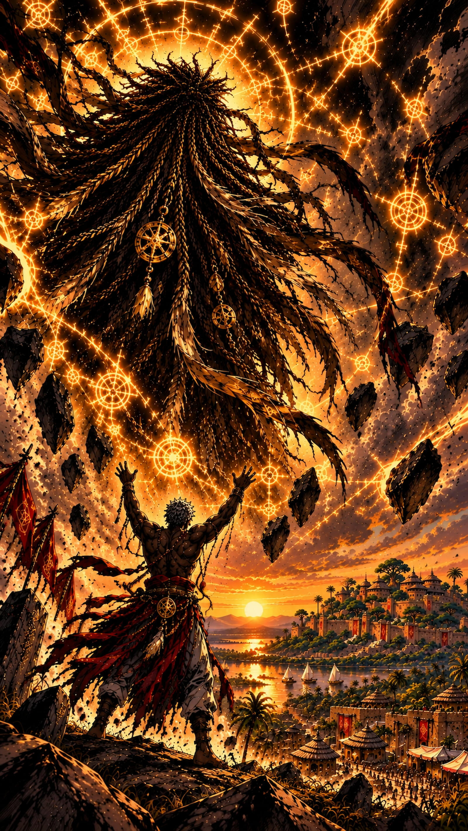 Panoramic view of Agbomè, the capital of Vodoun Saga, inspired by the Kingdom of Danxomè, featuring the royal gate, monumental statue and palace at sunset.