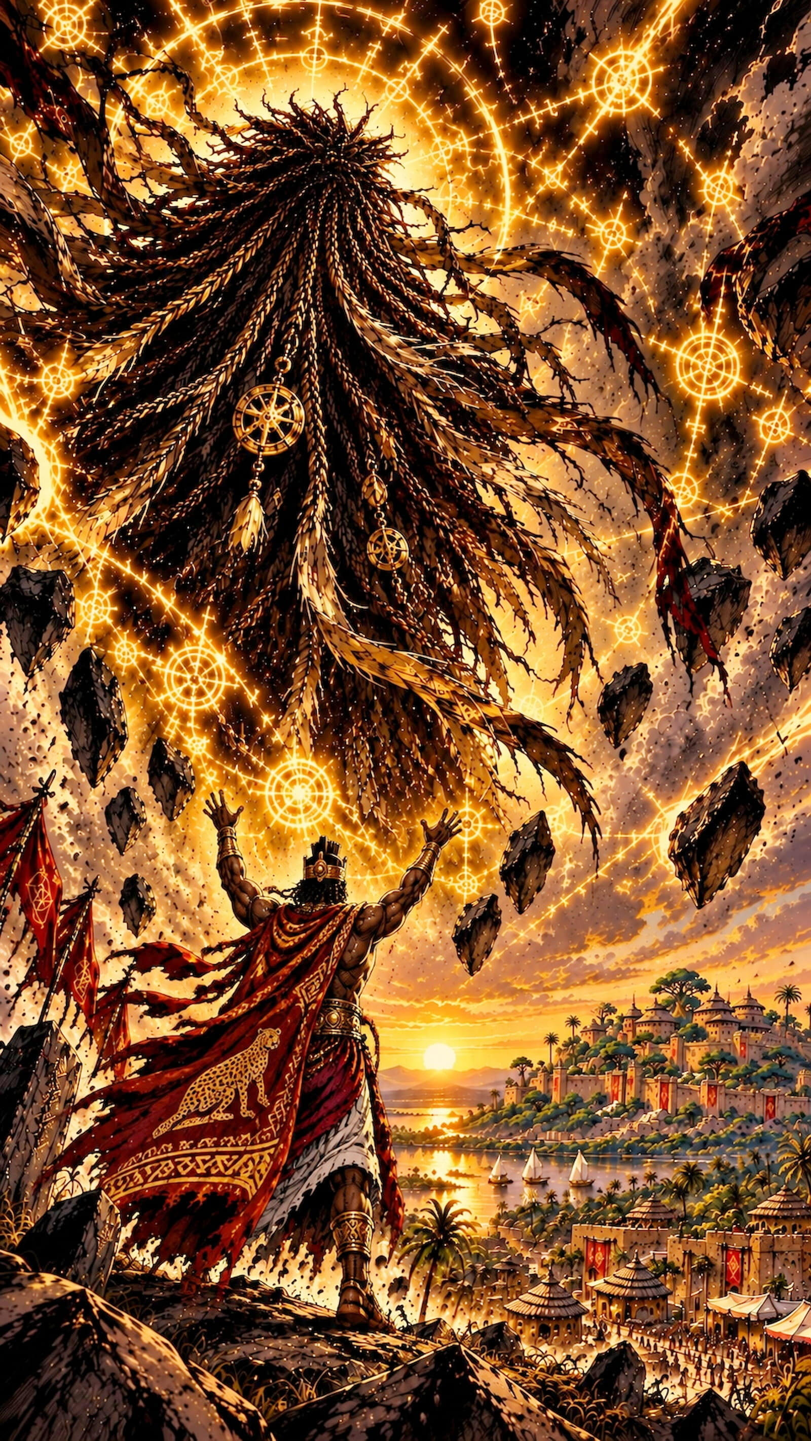 vodoun-saga-doom_day_3 Panoramic view of Agbomè. The king invoque the Vodoun power top of the hill. Inspired by the Kingdom of Danxomè, hills and palace at sunset.