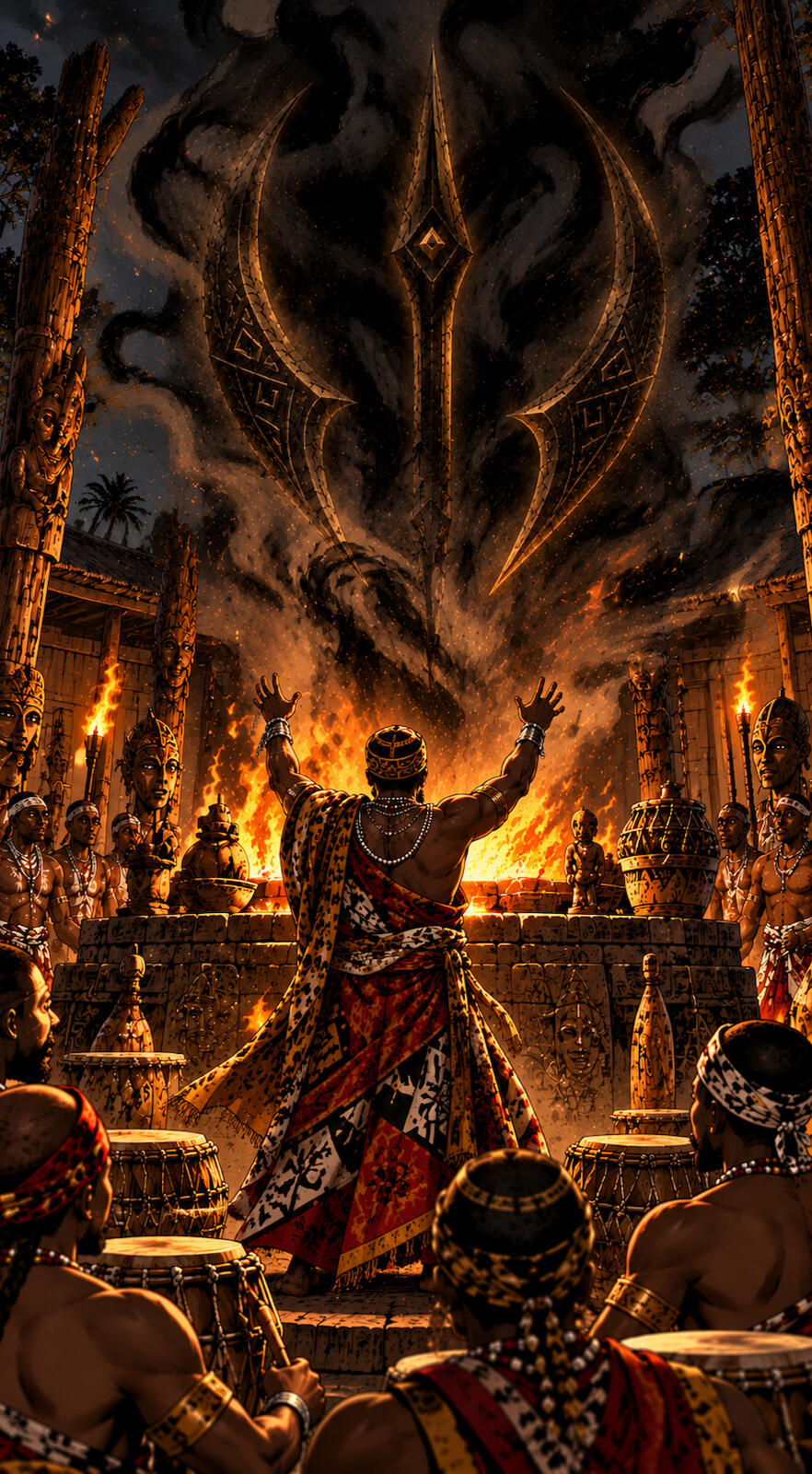 Panoramic view of Agbomè, the capital of Vodoun Saga, inspired by the Kingdom of Danxomè, featuring the royal gate, monumental statue and palace at sunset.