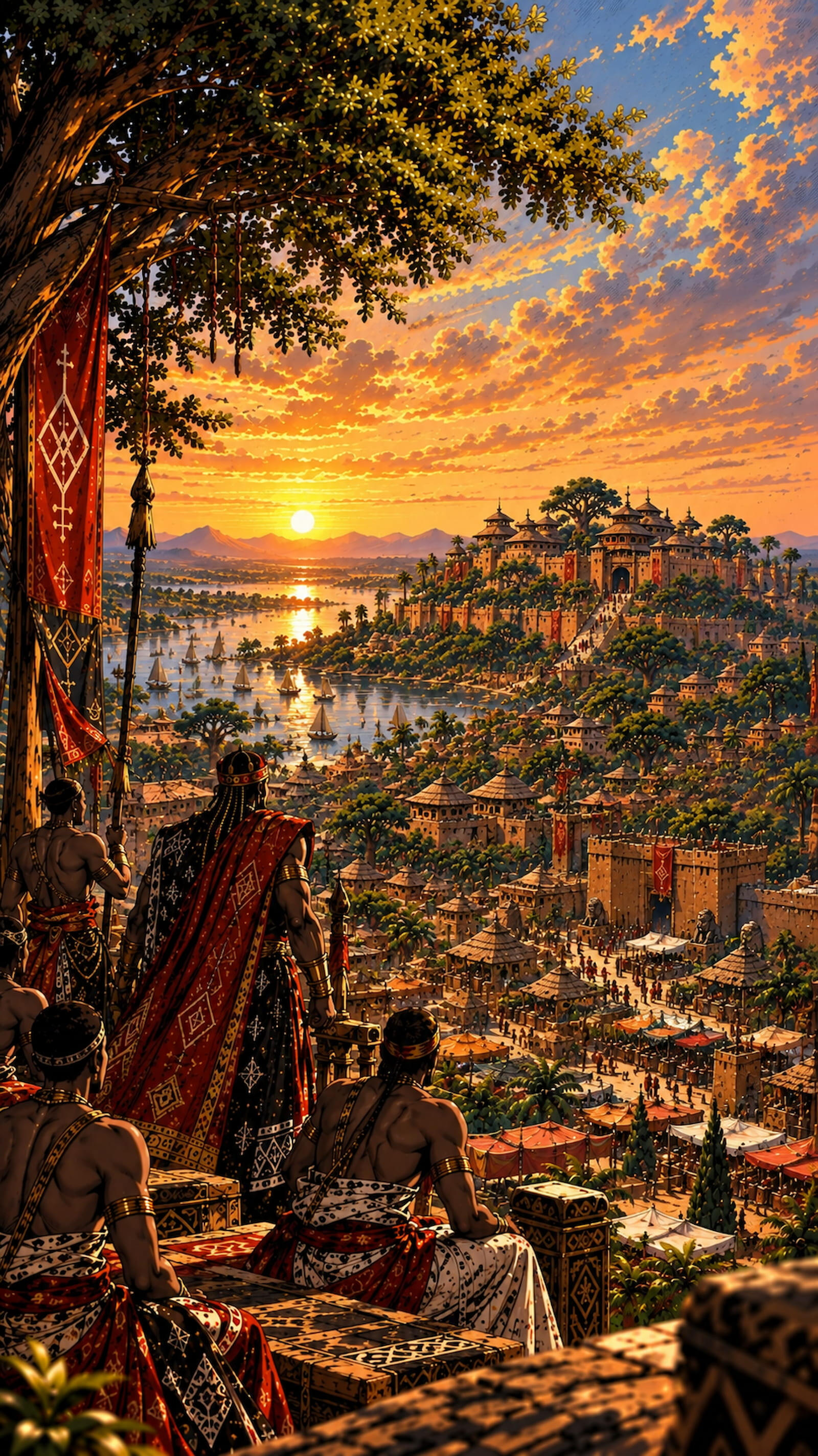 Panoramic view of Agbomè, the capital of Vodoun Saga, inspired by the Kingdom of Danxomè, featuring the royal gate, monumental statue and palace at sunset.