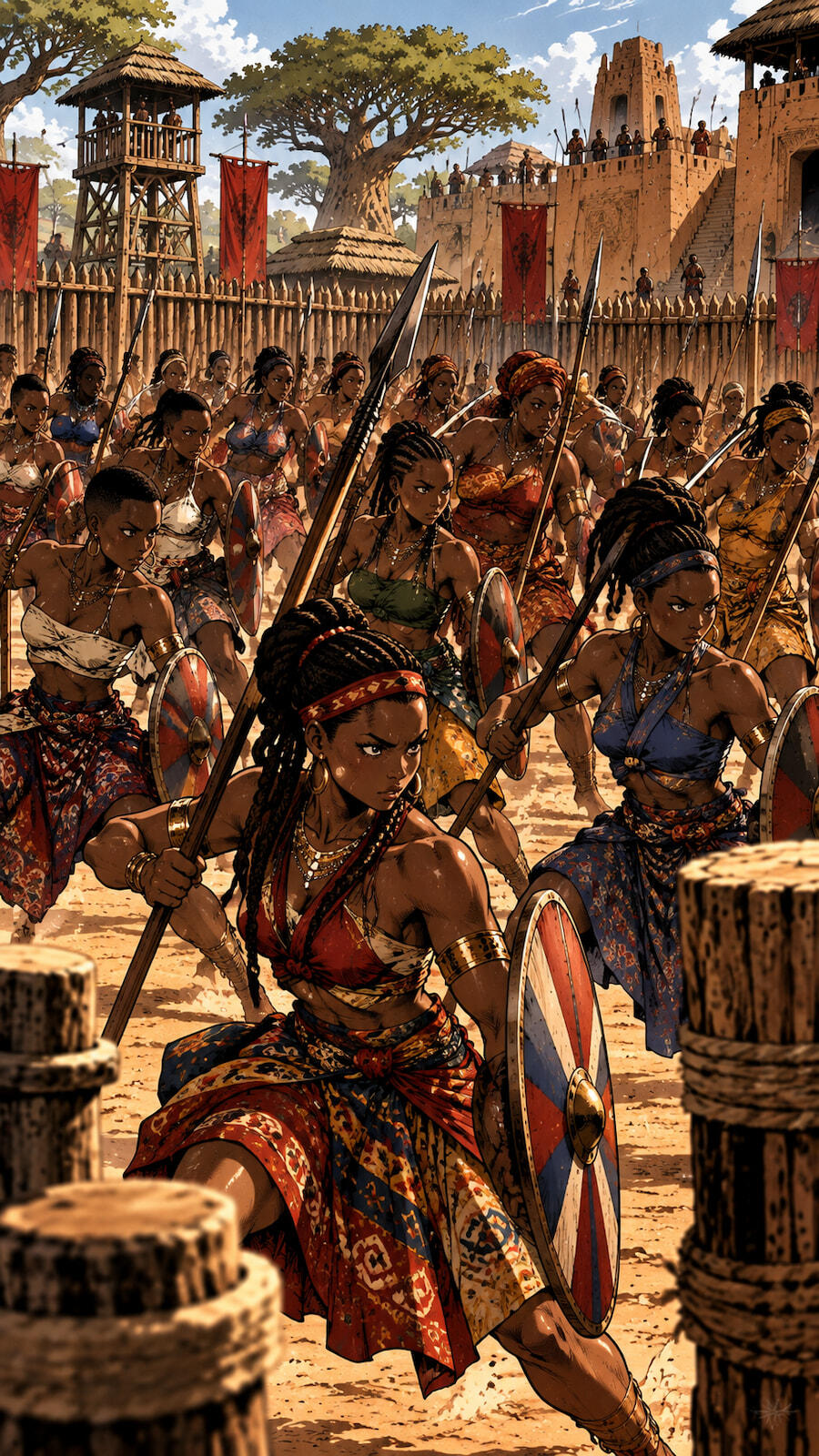 Panoramic view of Agbomè, the capital of Vodoun Saga, inspired by the Kingdom of Danxomè, featuring the royal gate, monumental statue and palace at sunset.