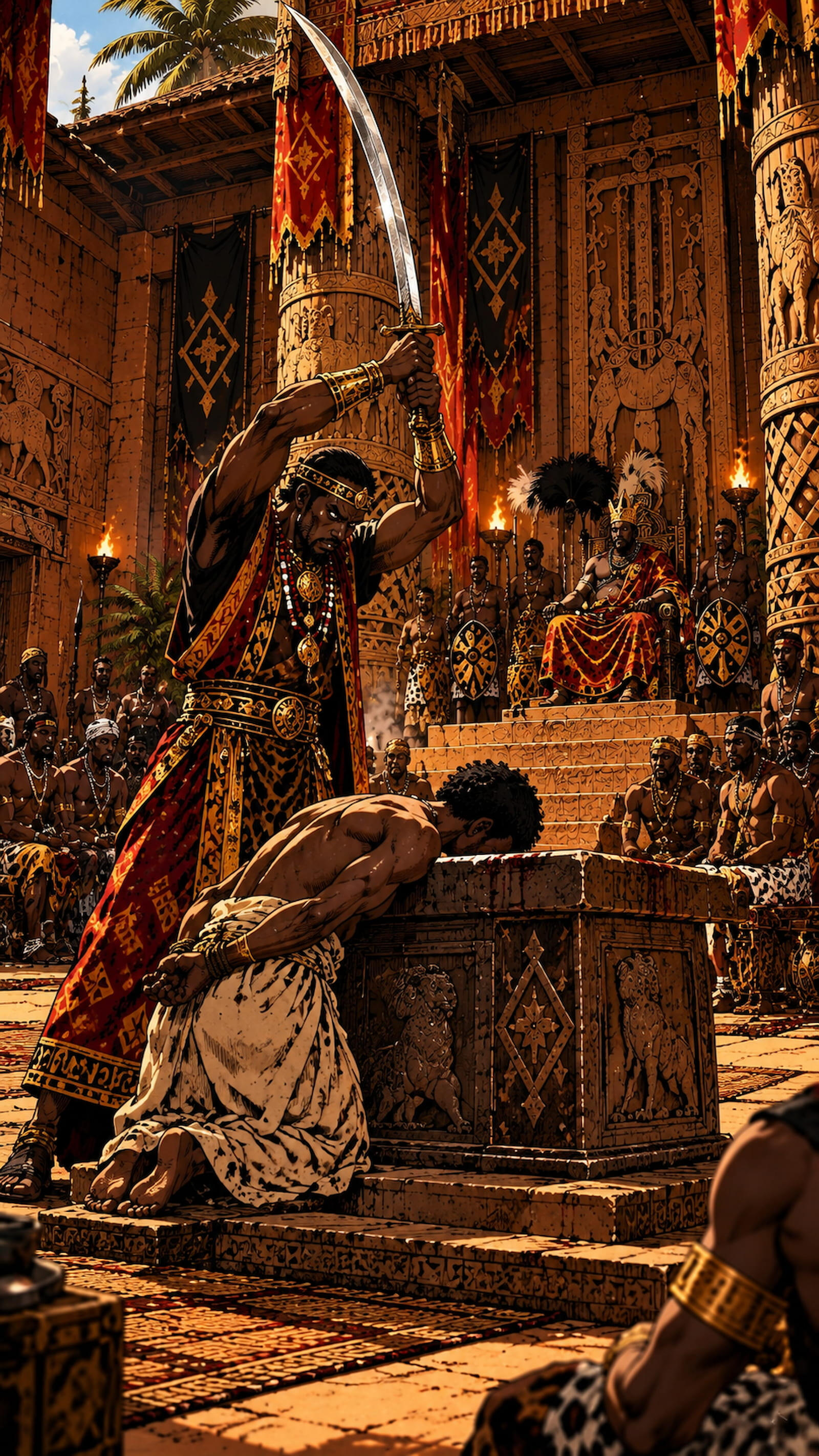 Panoramic view of Agbomè, the capital of Vodoun Saga, inspired by the Kingdom of Danxomè, featuring the royal gate, monumental statue and palace at sunset.