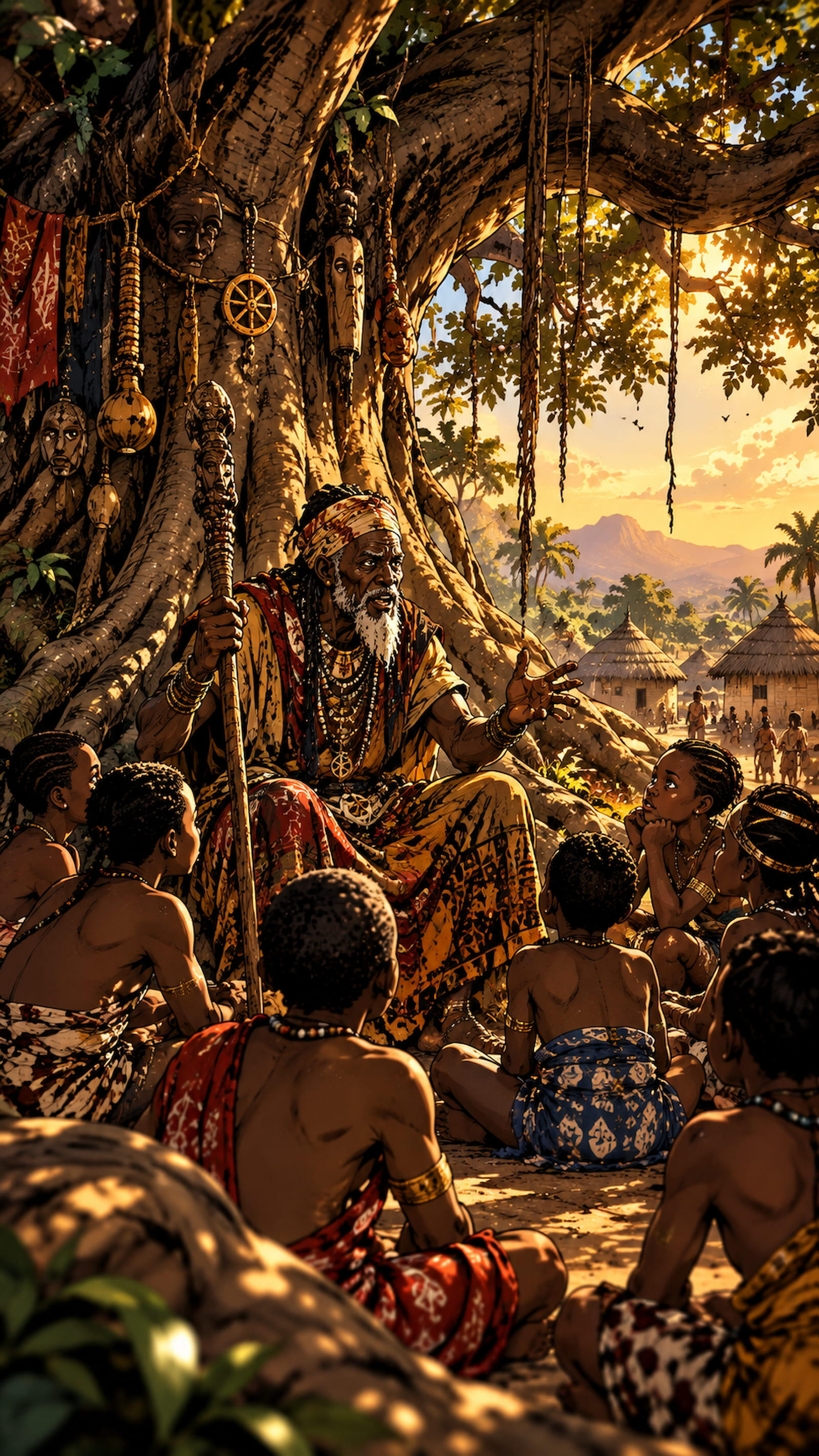 vodoun-saga-world-Panoramic-Vision Panoramic view of Agbomè, the capital of Vodoun Saga, inspired by the Kingdom of Danxomè, featuring the royal gate, monumental statue and palace at sunset.