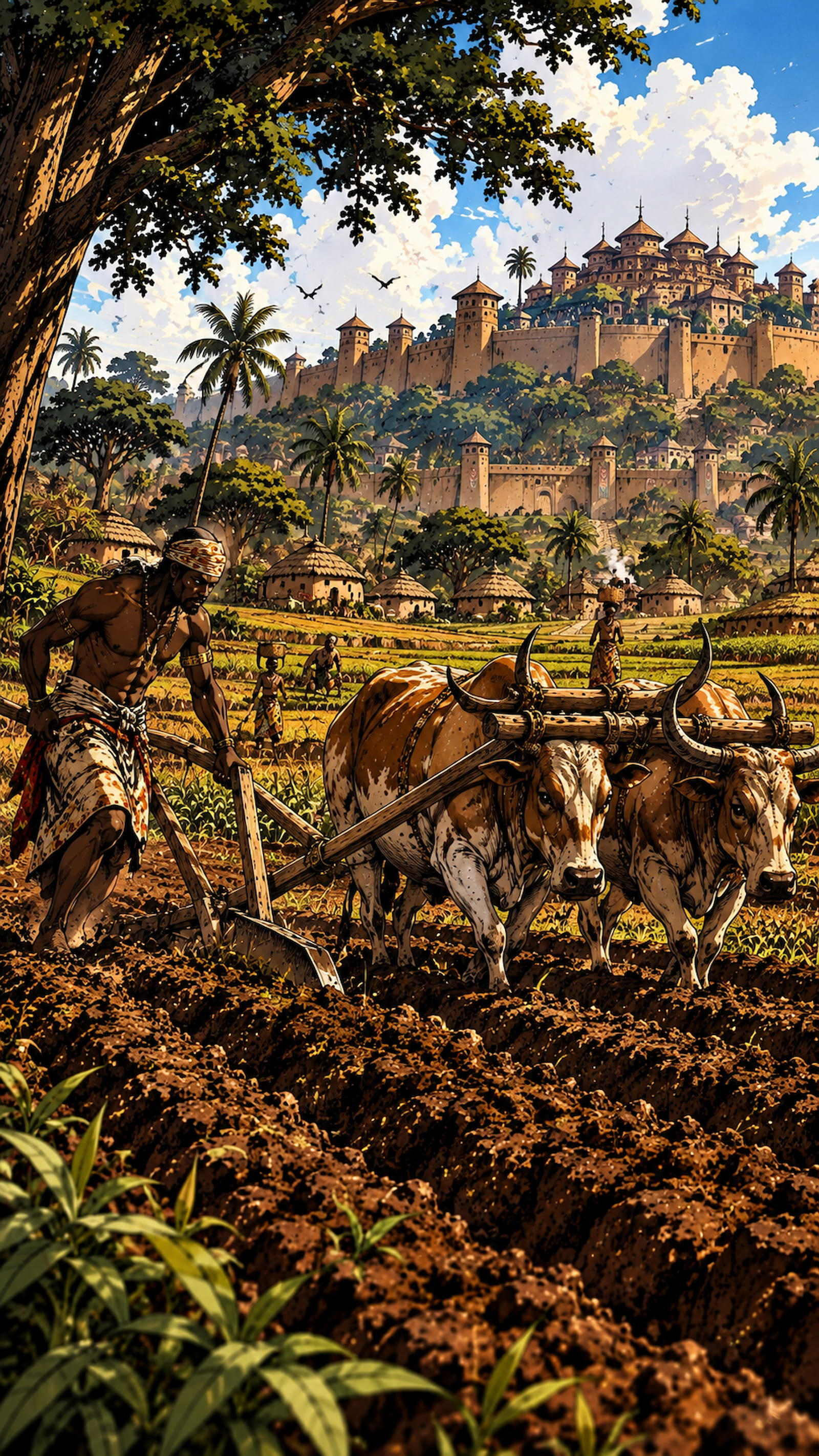 Panoramic view of Agbomè, the capital of Vodoun Saga, inspired by the Kingdom of Danxomè, featuring the royal gate, monumental statue and palace at sunset.